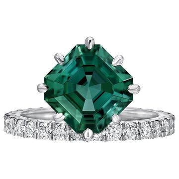 Silver Tone Green Square Halo Ring With Clear Stones