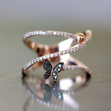 Rose Gold Tone Butterfly Open Ring With Blue And Clear Stones