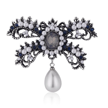 Black Silver Tone Ribbon Bow Crystal Pearl Look Two Designs Metal Brooch Pin