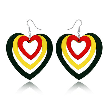 Layered Wood Heart Long Hook Earrings in Six Color Combinations