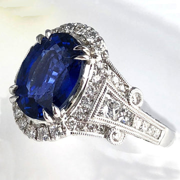 Silver-Tone Deep Blue Oval Crystal Halo Ring Jewelry