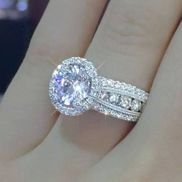 Silver Tone Round Stone Triple Row Halo Ring Polished Metal Jewelry
