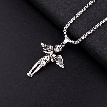 Antique Silver Tone Winged Angel Pendant Necklace with Prayer Detail