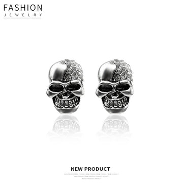 Silver Skull Clear Look Accent Statement Stud Earrings