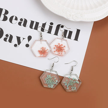 Green Pressed Flower Clear Hexagon Long Hook Earrings