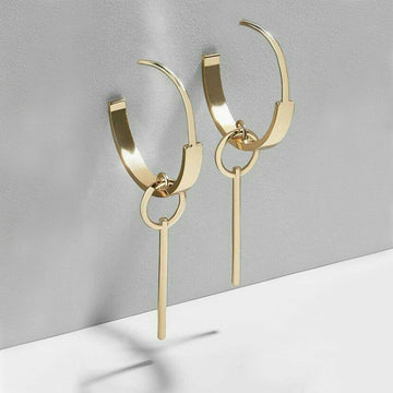 Gold Tone Hoop Earrings with Slim Bar Drops Polished Metal Jewelry