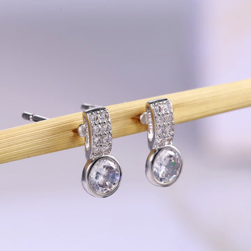 Silver Tone Double Row Drop Stud Earrings with Clear Stones