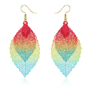 Layered Skeleton Leaf Drop Earrings in Five Metallic Colorways