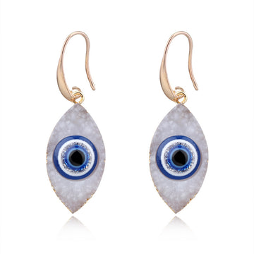 Gold Tone Druzy Evil Eye Long Hook Earrings in Black or White