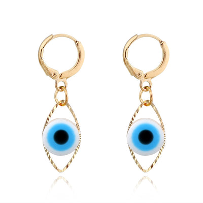 Main product view of gold Tone Blue Evil Eye Huggie Drop Earrings with Marquise Frame