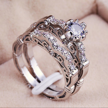 Silver Tone Ornate Openwork Two Ring Set with Clear Stones
