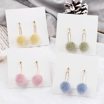 Fuzzy Ball and Open Link Long Drop Earrings in Six Colors