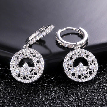 Silver Tone Crystal Mountain Disc Drop Earrings Fashion Jewelry