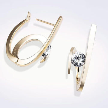 Gold Tone Open Oval Stud Earrings with Clear Stone Accent