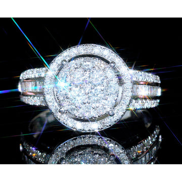 Silver Tone Round Cluster Ring with Layered Clear Stone Halos