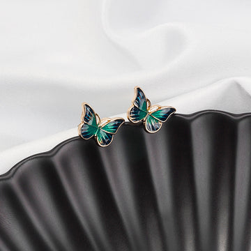 Blue Green Forest Butterfly Gold Rim Petite Stud Earrings