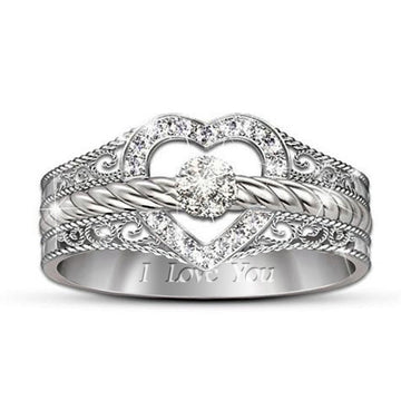 Silver Tone Filigree Heart Ring with Clear Stone Bands