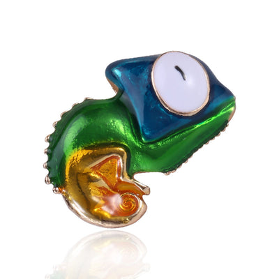 Front view of colorful enamel chameleon brooch in green blue and orange