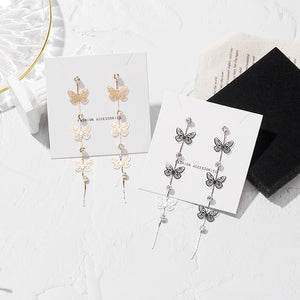 Long Butterfly Chain Drop Earrings With Clear Stones, Gold or Silver Tone