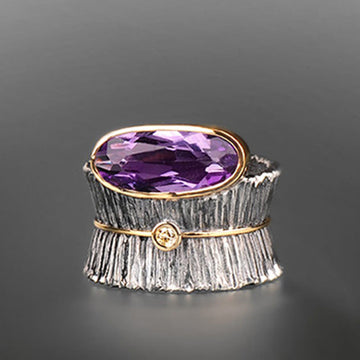 Purple Oval Cocktail Ring Two-Tone Silver Gold Bark Band