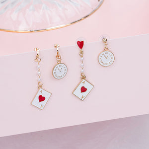 Asymmetric Playing Card and Clock Drop Earrings, Enamel on Gold-Tone Alloy