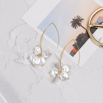 Long Gold U Wire and White Pearl Look Petal Earrings