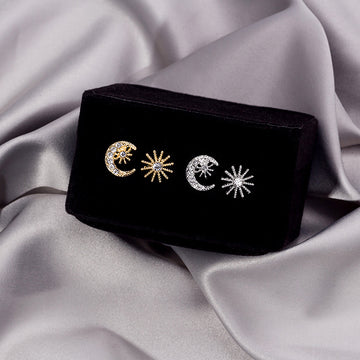 Mismatched Clear Look Crescent Moon and Sun Stud Earrings