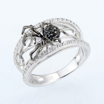 Silver Black Spider Web Wide Band Ring In A Polished Decorative Design