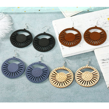 Openwork Sunburst Round Wood Hook Earrings in Four Colors