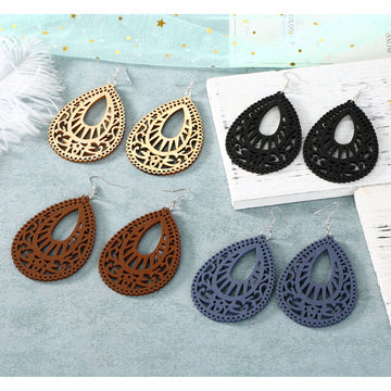 Openwork Filigree Teardrop Wood Hook Earrings in Four Colors