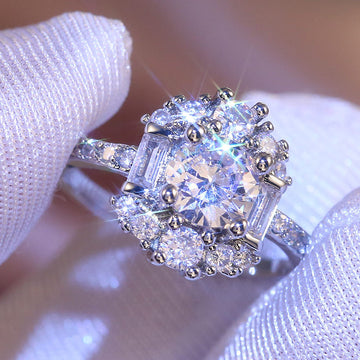 Silver Tone Cluster Ring with Square and Round Clear Stones