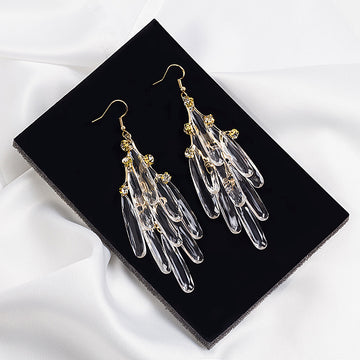 Clear Elongated Bead Cascade Long Silver Hook Earrings