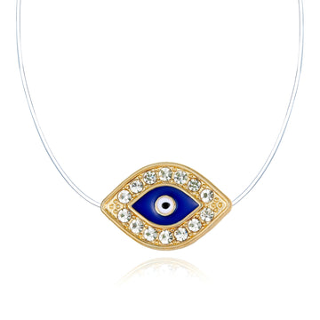Gold Tone Crystal Framed Blue Evil Eye Invisible Cord Necklace