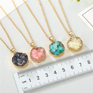 Gold Tone Round Druzy Crystal Pendant Necklaces in Blue or Black