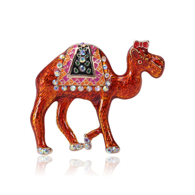 Front view of an orange camel silhouette with multicolor decorative details