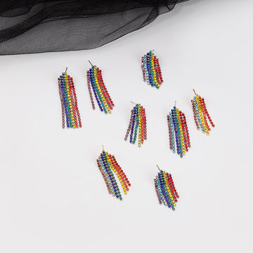 Rainbow Crystal Look Fringe Earrings in Ten Row Length Options