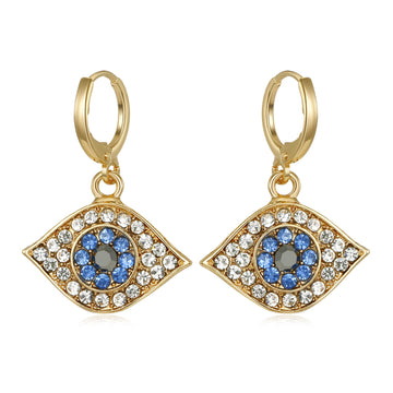 Gold Tone Crystal Blue Evil Eye Huggie Drop Earrings
