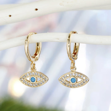 Crystal Framed Evil Eye Huggie Drop Earrings in Gold or Silver Tone