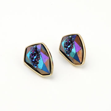 Multicolor Faceted Shield Stud Earrings with Gold-Tone Frames