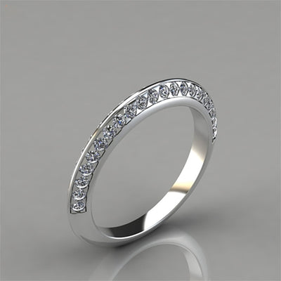 Single Row Clear Stone Slim Silver Tone Band Ring shown in front view