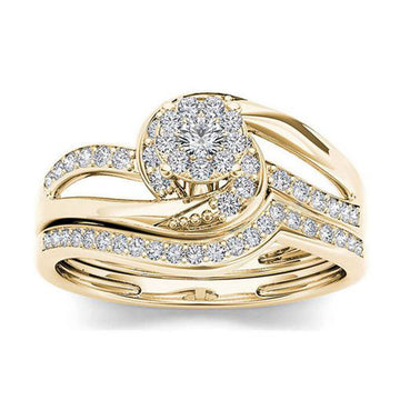 Clear Stone Wavy Double Band Gold Tone Ring Jewelry Accessory