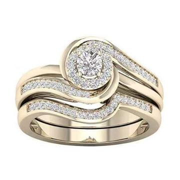 Gold Tone Layered Swirl Ring Set with Clear Round Cluster