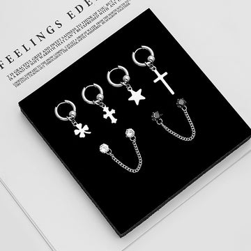 Silver Tone Four Leaf Clover and Cross Huggie Earrings