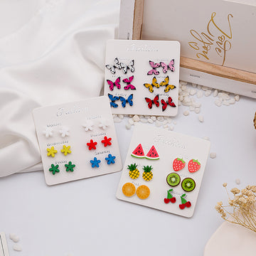 Six Pair Colorful Flower or Fruit Stud Earring Multipacks