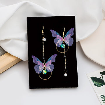 Lavender Butterfly and Circle Asymmetrical Chain Earrings