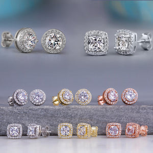 Round And Square Halo Stud Earrings In Six Metal Variants