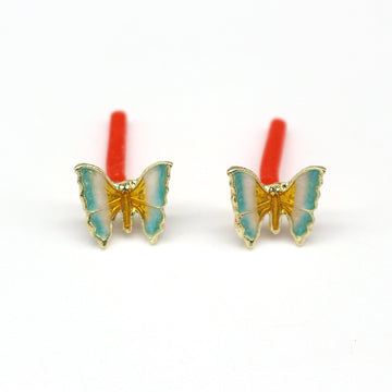 Aqua and Gold-Tone Butterfly Stud Earrings with Red Posts