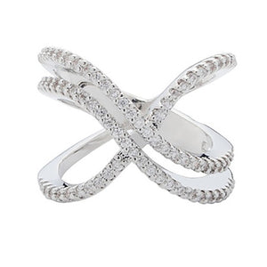 Silver Tone Pave Crossover Ring With Open X Silhouette
