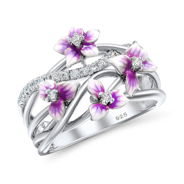 Silver Tone Purple Flower Vine Crystal Openwork Ring
