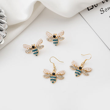 Pearl Look Crystal Bee Gold Tone Hook and Stud Earrings